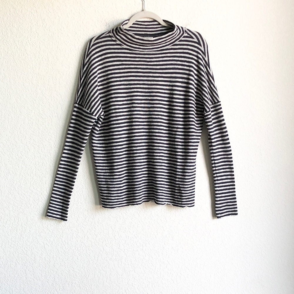 New By Basics Mock Neck Wide Merino Wool Stripe Long Sleeve Top Layering